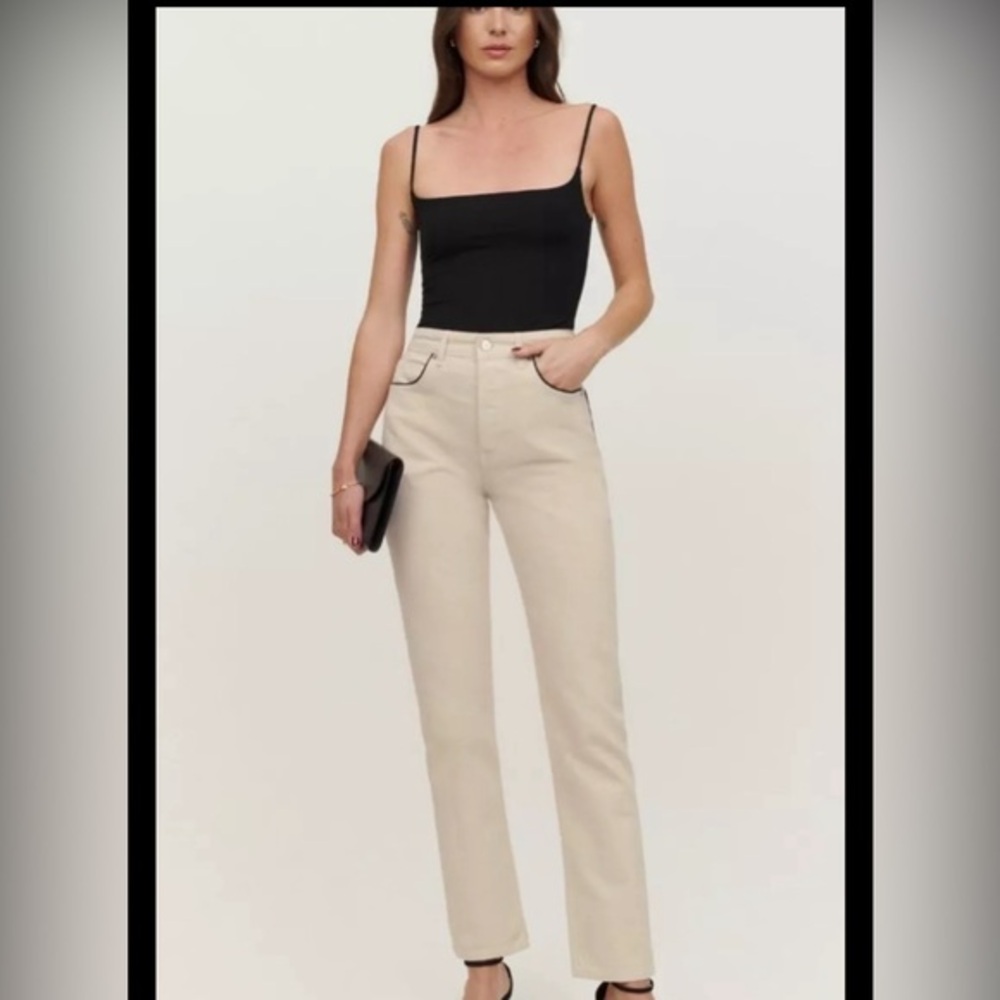 Reformation Women’s 26 Cynthia High Rise Straight Jean Almond Black Trim 2 NWT